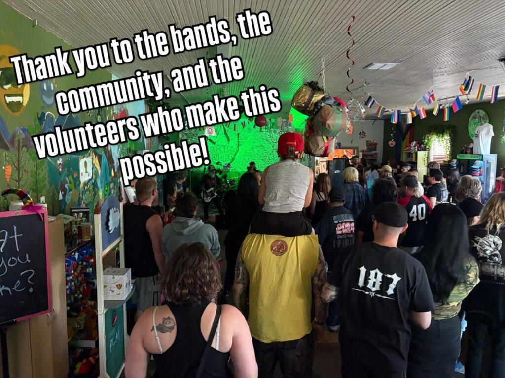 Crowd gathered for a live all-ages music event inside the Radness Ensues youth empowerment center in Keizer, Oregon.