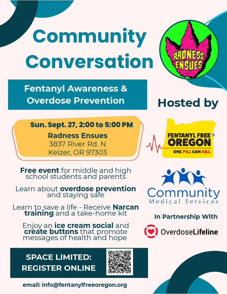 Community Conversation: Fentanyl Awareness & Overdose Prevention event at Radness Ensues on September 27, 2026, for middle and high school students and parents.